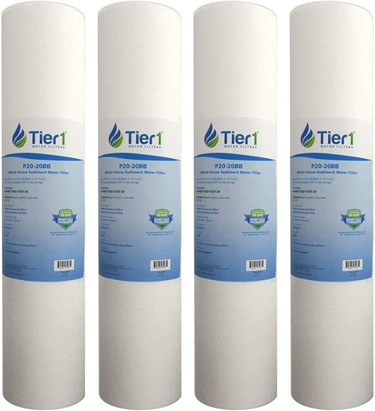 Tier1 20 Micron 20 Inch x 4.5 Inch | 4-Pack Spun Wound Polypropylene Whole House Sediment Water Filter Replacement Cartridge | Compatible with Pentek DGD-7525-20, 155356-43, Home Water Filter