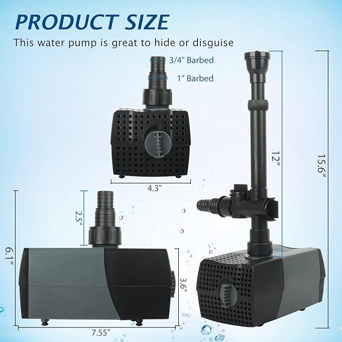 WaterRebirth HSUP4000F Versatile Submersible Pump - Fountain Jets for Ponds, Fish Tanks, Water Gardens - Aquarium & Pond Pump (4000L/H)
