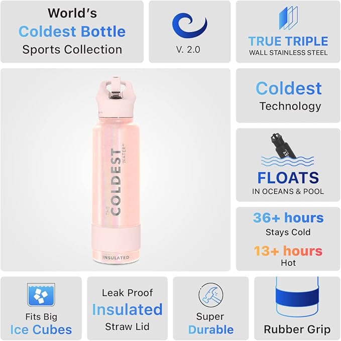 Coldest Insulated Water Bottle with Straw Lid - Stainless Steel Metal Insulated Bottle for Men & Women (Forever Pink Glitter, 40 oz)
