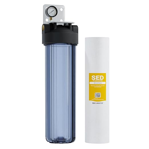20" 1 Stage Whole House Water Filter System 1" Ports Double O Ring Clear Filter Housing + Gauge w/ 5-Micron Polypropylene Sediment Water Filter Good for RV (1 Stage Sediment 5 Micron)