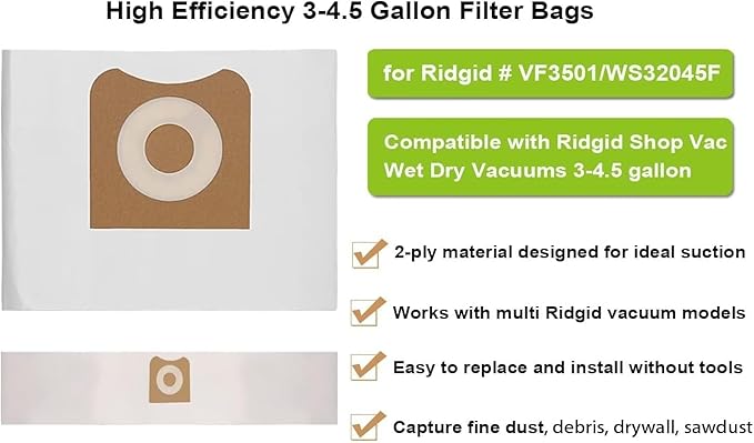 VF3500 Replacement Filter for Ridgid 3-4.5 Gallon Wet Dry Vacuums + 4 Pack VF3501 Filter Bags Compatible with Ridgid 3-4.5 Gallon Wet Dry Vacuums (2 Pack Filters 4 VF3501 Bags)