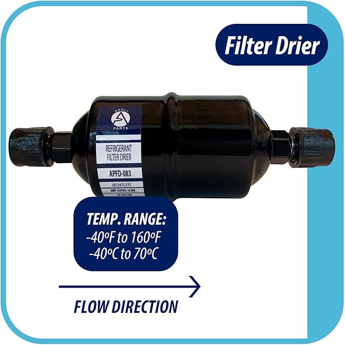 Appli Parts APFD-083 3/8 in Liquid Line Refrigerant AC Filter Drier hvac Refrigeration 083 SAE Flare connection universal unidirectional 6-1/2 in long 2 in wide