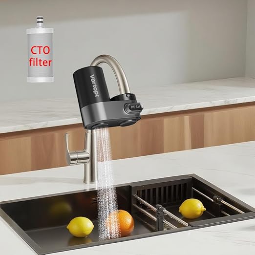 Faucet Water Filter for Sink, Mechanical Switch Button,350 Gallon Water Purifier for Sink, NSF Certified to Reduces Chlorine and Bad Taste with One Replacement, T5-Black.