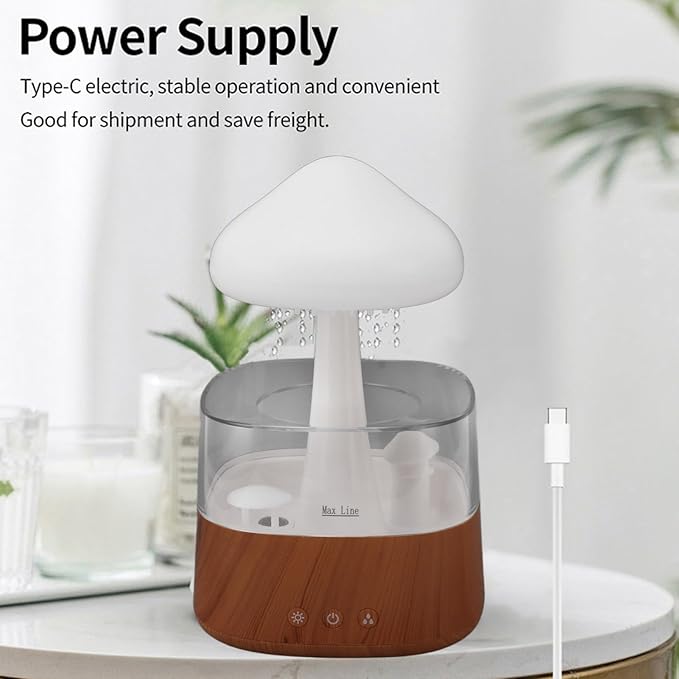 Rain Cloud Humidifier Night Light, Bedside Mushroom Rain Cloud Diffuser for Bedroom Office Moisturizing