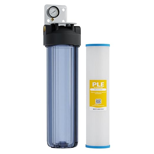 20 x 4.5 Whole House 1 Stage PP Pleated Sediment Filter System w/ 1" NPTF Port Housing Head Includes 25 Micron Pleated Sediment Filter, Gauge & Bracket BB-20B WH100SP WDS150K CB1-CAB20-BB DB20P