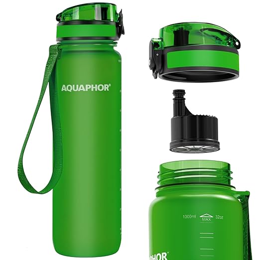 Nakii Filtered Water Bottle, Leakproof, BPA-Free, Motivational Markings, Travel, Everyday Use. 40-Gallon Filter, Replaces 300 Plastic Water Bottles. Includes 1 Filter, 22 FL Oz, Green by Aquaphor