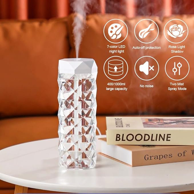 USB Desktop Crystal Humidifier 400ml with 7 Colors LED Night Light, No Noise Suitable for Home, Office, Desk, Bedroom and Babies Room and No Battery (400ml)