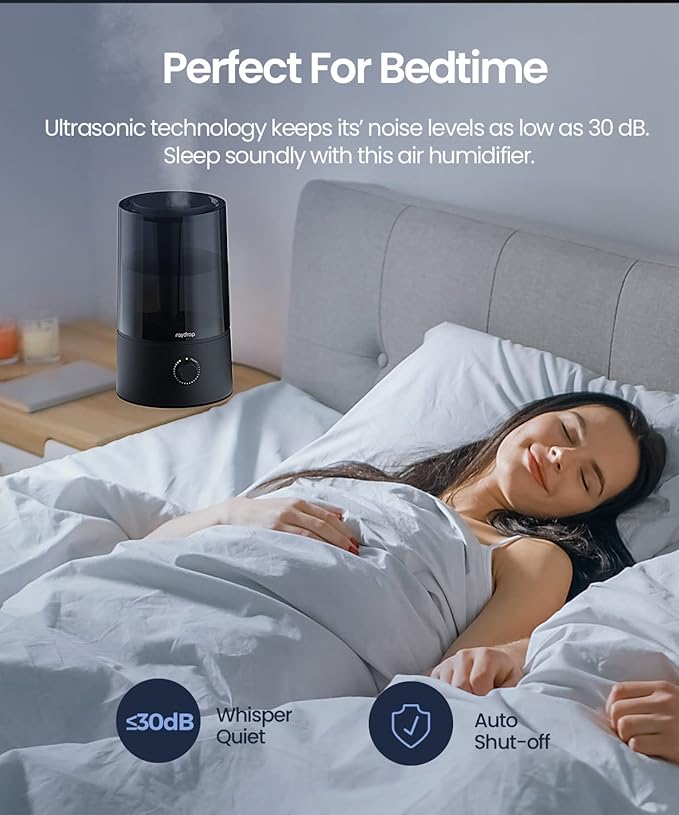 raydrop Humidifiers for Bedroom, Humidifiers for Home & Large Room, Cool Mist Humidfiers for Baby and Plant, Adjustable Mist Level, Auto Shut-Off, Black, 4.0L