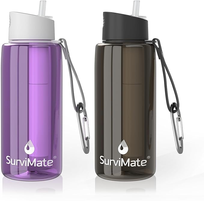 SurviMate Purified Water Bottle for Camping, Hiking, Backpacking and Travel, BPA Free with 5-Stage Intergrated Filter Straw