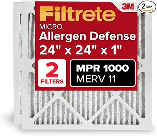 Filtrete 24x24x1 AC Furnace Air Filter, MERV 11, MPR 1000, Micro Allergen Defense, 3-Month Pleated 1-Inch Electrostatic Air Cleaning Filter, 2 Pack (Actual Size 23.81 x 23.81 x 0.81 in)
