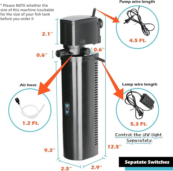 Aquarium Filter for 75-200 Gallon Tank, U-V Fish Tank Green Clean Machine Submersible Powerful Pump Canister Filter 300GPH for Pond Turtle Tank Saltwater Freshwater Crystal Clear Green Killing