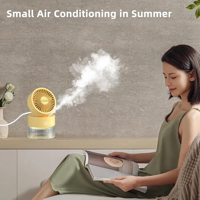 Personal Cooling Fan and Small Air Humidifier 350ml with LED Night Light, Desktop USB Charging Humidifier and Fan 3 in 1 for Office and Small Room, No Battery (Yellow)
