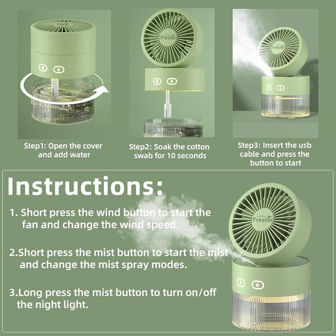 Personal Cooling Fan and Small Air Humidifier 350ml with LED Night Light, Desktop USB Charging Humidifier and Fan 3 in 1 for Office and Small Room, No Battery (Yellow)