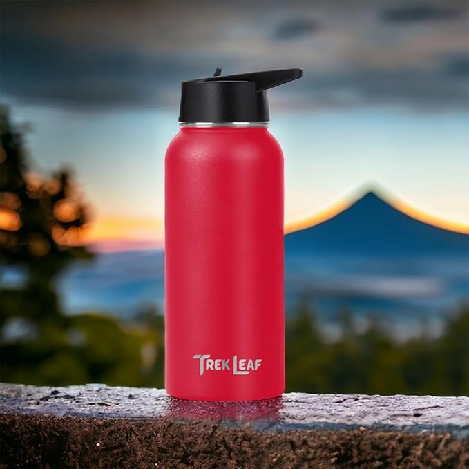 Travel Water Bottle with Carrying Bag, 3 Lids (Spout, Straw, Flip), and Bottle Brush; Leak Proof, Quality, Vacuum Insulated, Stainless Steel (Red, 32 oz)