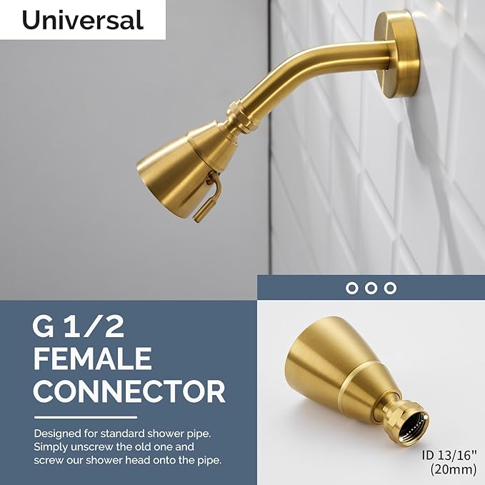 Angle Simple High Flow Shower Head, Brass Shower Sprayer for Outdoor, Adjustable Angle and Water Flow, G 1/2, Brushed Gold