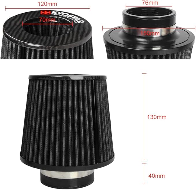 Kyostar 3 Inch 76mm Cold Air Intake Filter Cone Universal Carbon Fiber Replacement High Flow Dry Air Filter Black