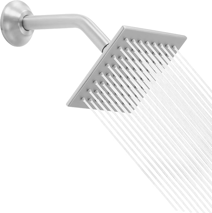 6 Inch Square Shower Head Stainless Steel High Pressure Rain Shower Heads with Extension Arm Adjustable Angle Replacement Shower Head for Modern Bathroom (Square, Brushed Nickel)