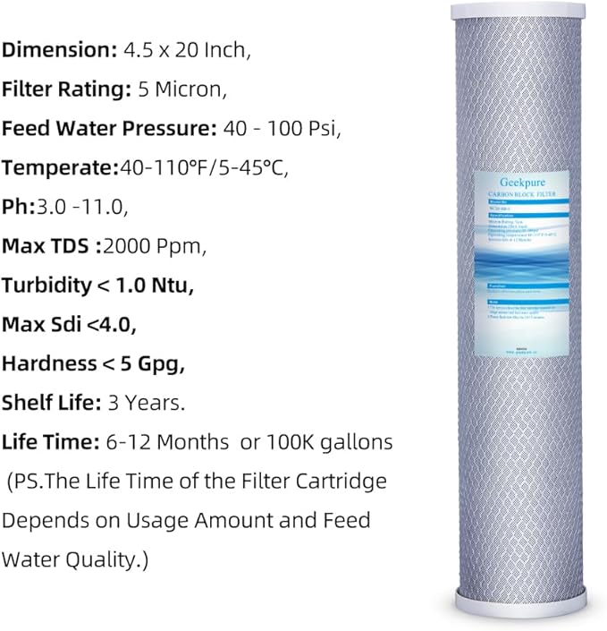 Geekpure 20-Inch Universal Compatible Big Blue Carbon Block Water Filter Cartridge Remove Chlorine Taste Odors- 4.5 Inch x 20 Inch -5 Micron