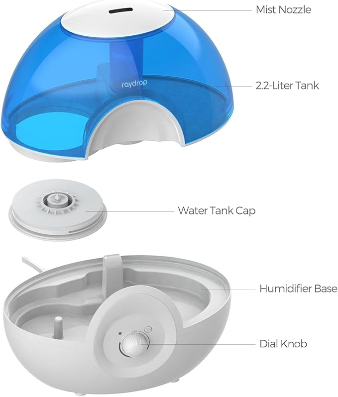 raydrop Cool Mist 2.2L Humidifiers for Bedroom, 28dB Whisper-Quiet Ultrasonic Humidifier, Easy to Clean Home Humidifier, Auto Shut-Off, 30H Work Time, Night Light (Blue)
