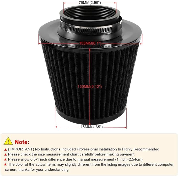 muge racing 3-inch Cold Air Intake Filter 76mm, High Performance Clamp-On Engine Intake Air Filter, Washable Reusable & Universal Round Tapered Replacement Air Filter, Black