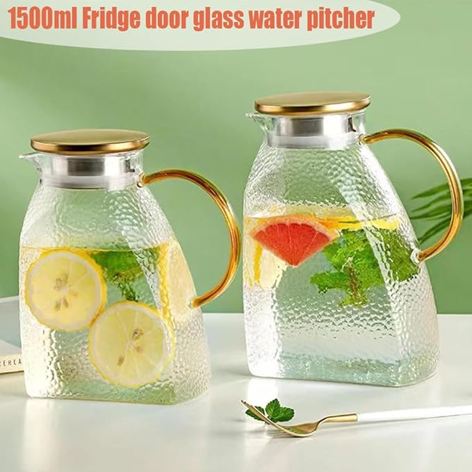 1.5L Glass Pitcher with Stainless Steel Gold Lid - Ideal Fridge Door Water Pitcher for Hot or Cold Beverage, Iced Tea, Juice, Milk, Coffee, Lemonade