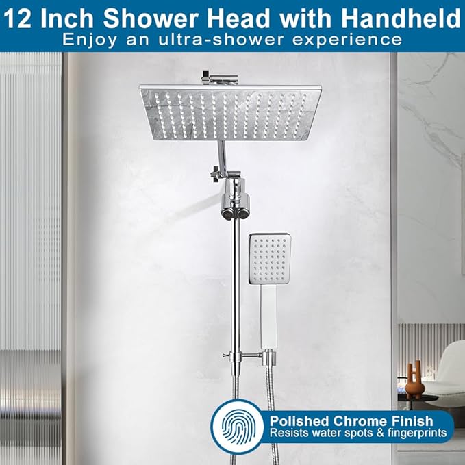 POP SANITARYWARE All Metal Shower Head with Handheld Chrome High Pressure 12 Inch Showerhead Combo, 71 Inch / 6 ft Hose, Press Button 4-Way Diverter, Adjustable Extension Arm