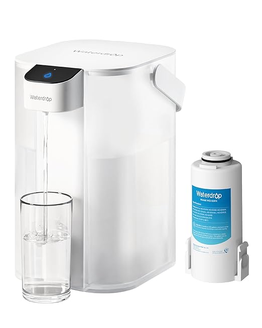 Waterdrop Rechargeable Water Filter Dispenser, 200-Gallon Water Pitcher, Instant 15-Cup Countertop System, 10X Filtration Efficiency, Reduce 98% Chlorine and 20+ Contaminants, White