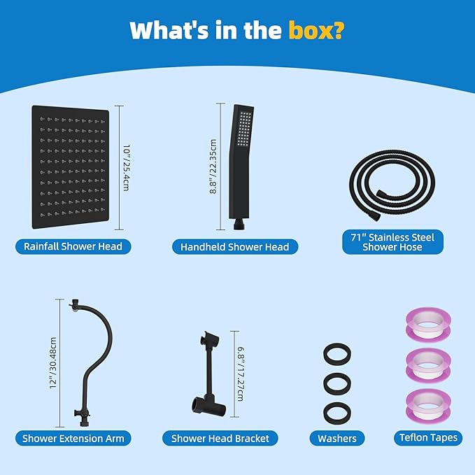 Hibbent All Metal Shower Head, 10'' High Pressure Rainfall Shower Head, Showerhead Combo, Handheld Shower Wand, 12'' Adjustable Curved Shower Extension Arm, 71'' Hose, Shower Head Holder, Matte Black