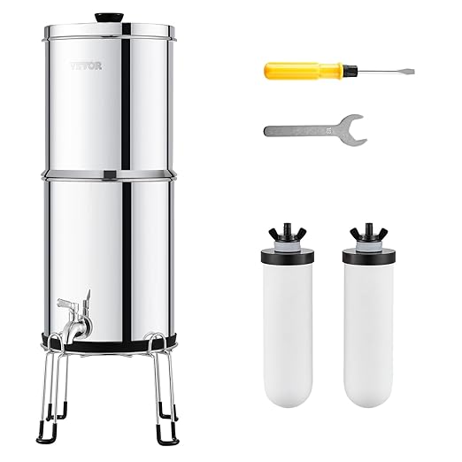 VEVOR Gravity-fed Water Filter System, 2.25G 304 Stainless-Steel Countertop Water Filtration System, Reduces Lead and up to 99% of Chlorine, with 2 Ceramic Carbon Filters, Spigot, and Stand