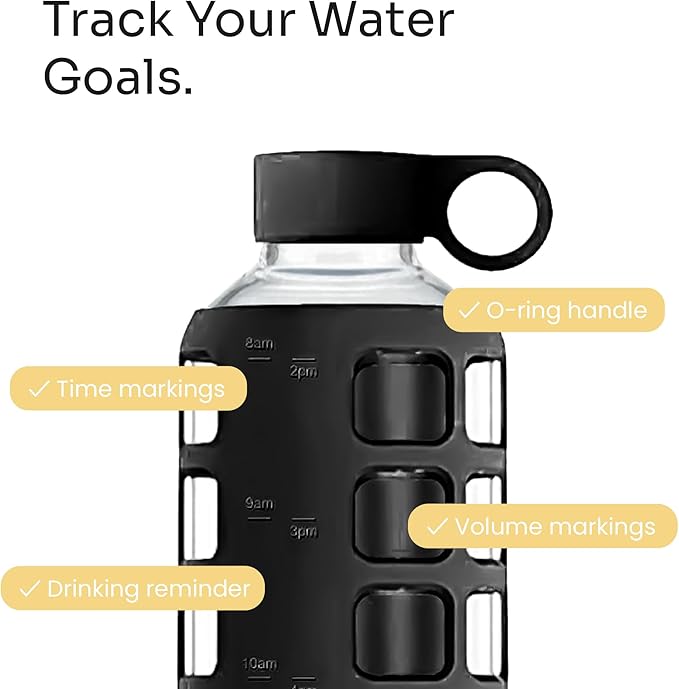 purifyou 40oz / 32oz / 22oz / 12oz Borosilicate Glass Water Bottle with Time & Volume Markers, Silicone Sleeve, Stainless Steel Lid | Reusable Glass Bottle for Water & Juice (40oz Jet Black)