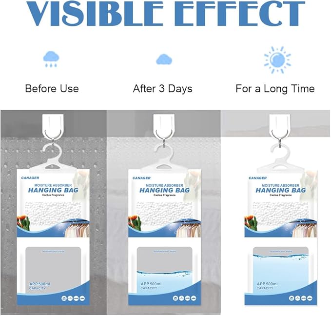 CANAGER Hanging Moisture Absorber, Cactus Fragrance Moistureproof Hanging Bag, Dehumidifier Bag (8 packs) Hanging Closet Dehumidifier Bags, Moisture Absorb 12.5 oz.