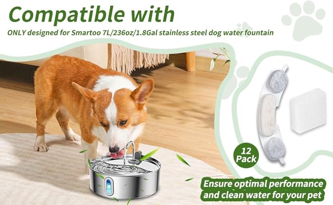 12 Sets Pet Dog Replacement Filters Compatible with Smartoo 7l/236oz/1.8G Dog Water Fountain, Water Fountain Filters for Stainless Steel Dog Water Fountain