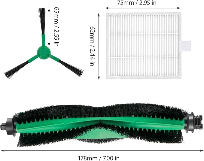 Replacement Parts Compatible for iRobot Roomba 104, 105 Vac/Combo, Y0140, Q0120, Y0110, Q011, Q0520 Robot Vacuum Cleaner, 2 Roller Brush, 4 Filters, 4 Side Brushes, 1 Cleaning Brush
