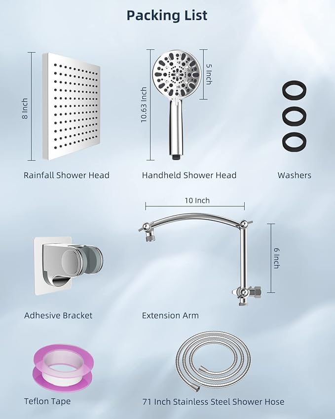 Hibbent Thickness 8'' Rain Shower Head, High Pressure Handheld Spray, Showerhead Combo with 16'' Adjustable Arc Shower Extension Arm, 7 Settings, 71'' Hose, Adhesive Showerhead Holder, Chrome