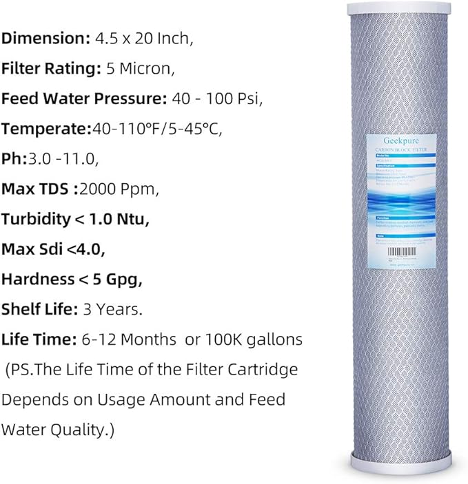 Geekpure 20 Inch Carbon Block Water Filter Reduce Chlorine Taste Odors for Whole House Filtration- 4.5 Inch x 20 Inch -5 Micron