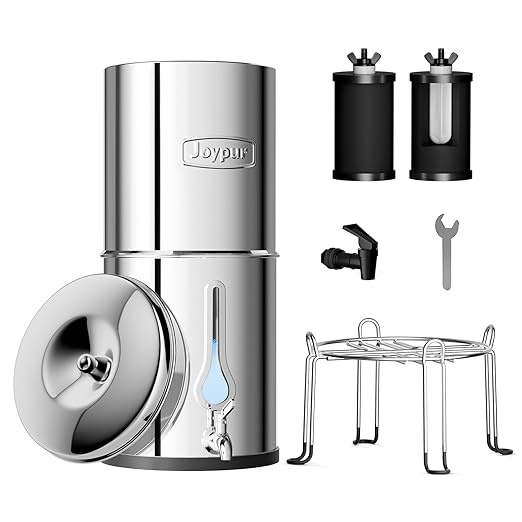 2.25G Gravity Water Filter System with New Water Level Window, 3-Stage 0.01μm Ultra-Filtration Stainless Steel Countertop System with 2 Thickened Carbon Filters and Stand, Reduce 99.9% Chlorine