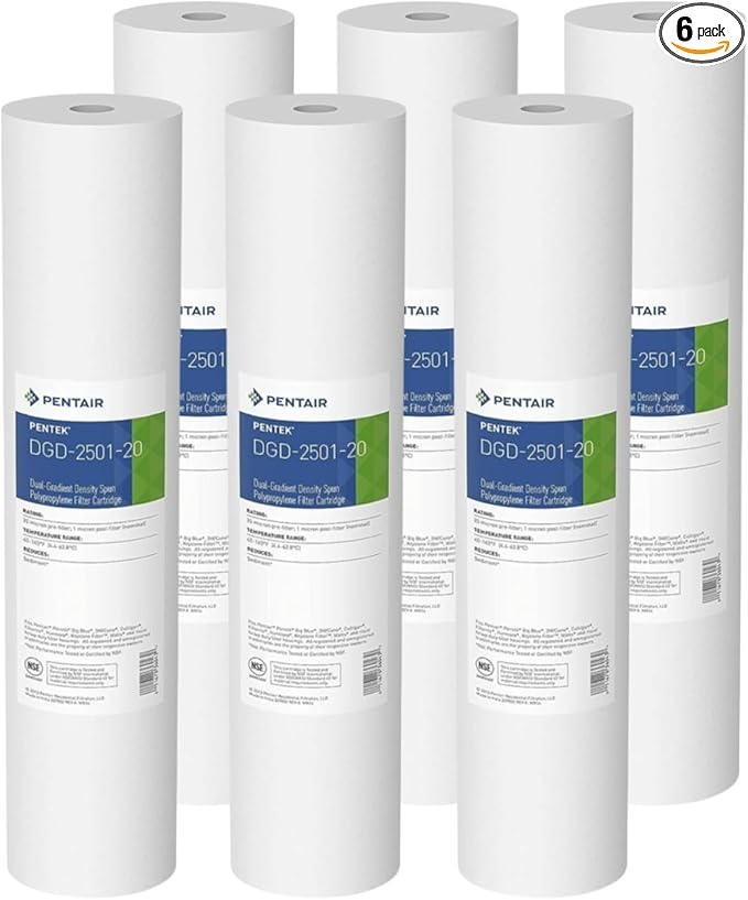 Pentair Pentek DGD-2501-20 Big Blue Water Filter, 20-Inch Whole House Sediment Filter Cartridge Replacement, Dual-Gradient Density Spun Polypropylene, 20" x 4.5", 1 Micron, Pack of 6, White