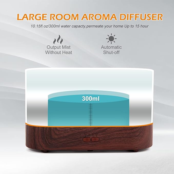 Flame Aroma Diffuser Humidifier,Auto-Off 300ml Essential Oil Diffuser for Large Room, Adjustable Brightness Air Humidifier with Timer for Home Office Spa Gym (Wood Grain)