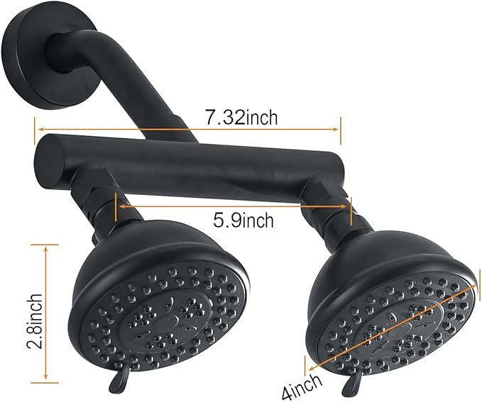 High Pressure Double Shower Head with Shut-Off Valve and Shower Arm Set Solid Brass Casting Dual Outlet Manifold Dual Shower Fixed Head 3 Function Shower Heads Sprayers, Matte Black