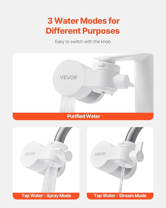 VEVOR Faucet Mount Water Filter, Horizontal Water Purifier for Sink Tap, NSF Certified Carbon Fiber Filter, Removes Chlorine Lead with 3 Filters, Fits Most Kitchen or Bathroom Faucets, White