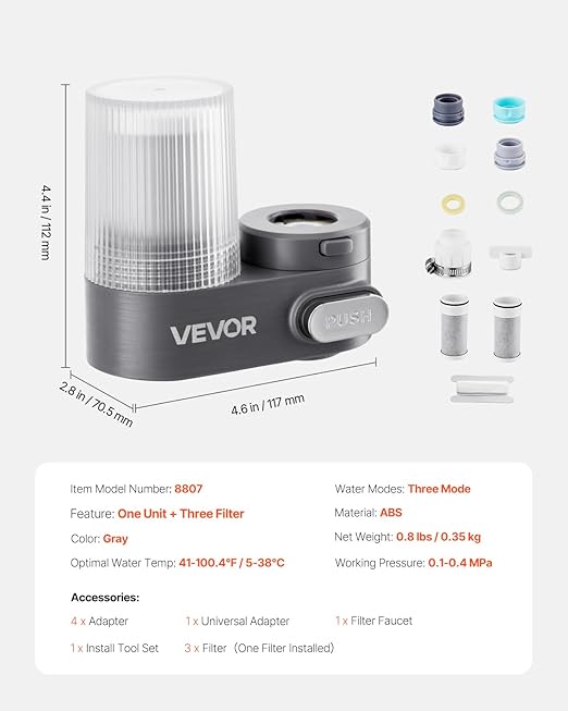 VEVOR Faucet Mount Water Filter, Vertical Water Purifier for Sink Tap, NSF Certified Carbon Fiber Filter, Removes Chlorine Lead with 3 Filters, Fits Most Kitchen or Bathroom Faucets, Gray