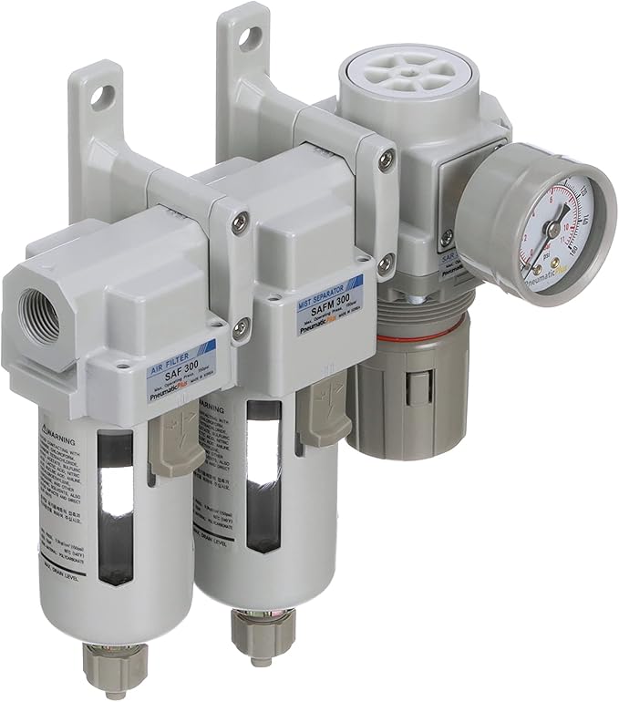 PneumaticPlus SAU330-N03G Three Stage Compressed Air Drying System - Particulate Air Filter, Coalescing Filter, Air Pressure Regulator Combo 3/8" NPT - Poly Bowl, Manual Drain, Gauge