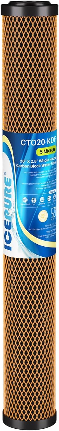 ICEPURE 5 Micron 20" x 2.5" Whole House Activated Carbon and KDF Water Filter Cartridge, Heavy Metal Removal Filter Replacement for EP-20, C1-20, F3WCB32, CTO20-KDF, 1PACK