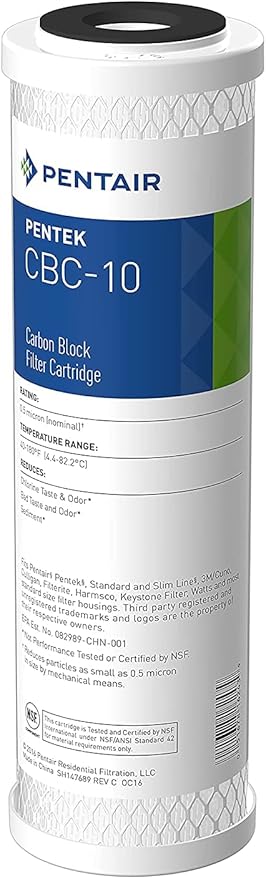 Pentair Pentek CBC-10 Carbon Water Filter, 10-Inch, Under Sink Carbon Block Replacement Cartridge with Bonded Powdered Activated Carbon (PAC) Filter, 10" x 2.5", 0.5 Micron, Pack of 12