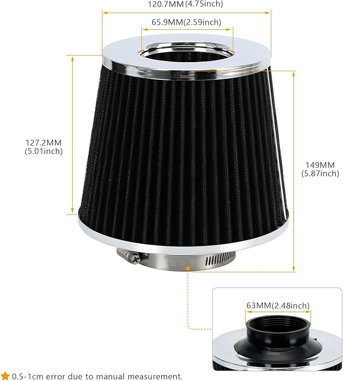 PTNHZ Universal Balck 2.5" 63mm High Flow Cold Air Intake Cone Air Filter Power Intake Air Inlet System Air Cleaner