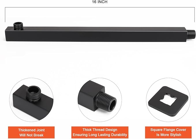 HarJue Shower Head with Extension Arm, High Pressure Square with ShowerArm, Stainless Steel Rainfall-Waterfall Full Body Coverage (10'' Shower with 16'' Arm, Matte Black)