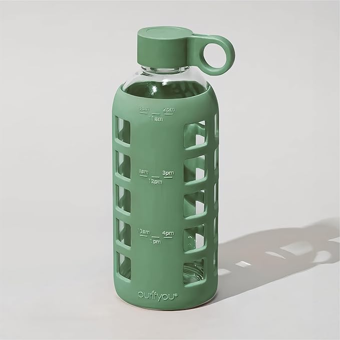 purifyou 40oz / 32oz / 22oz / 12oz Borosilicate Glass Water Bottle with Time & Volume Markers, Silicone Sleeve, Stainless Steel Lid | Reusable Glass Bottle for Water & Juice (22oz Shale Green)