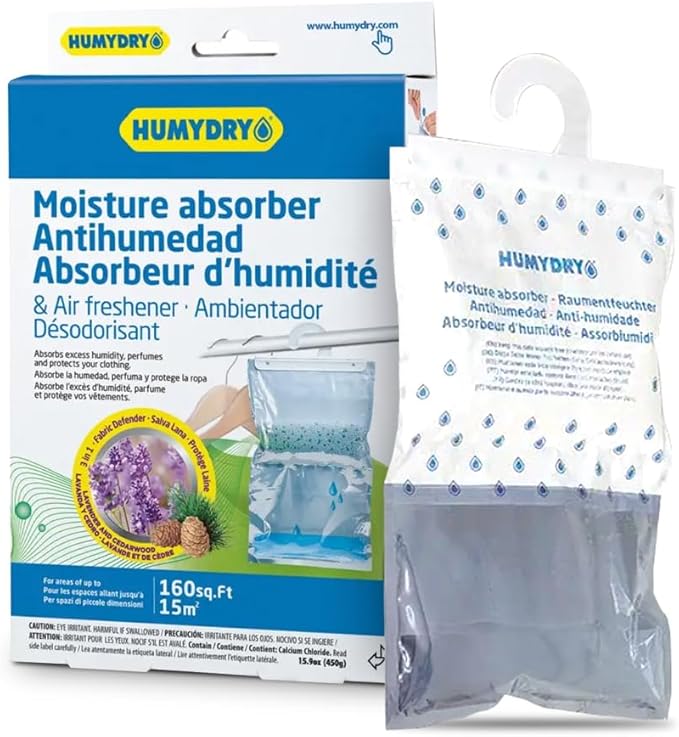 HUMYDRY® - Pack of 12 Hanging Dehumidifier Bags - Moisture Absorbers - 15.9 oz - Lavender and Cedar Scent - For Spaces Up to 200 sq. FT