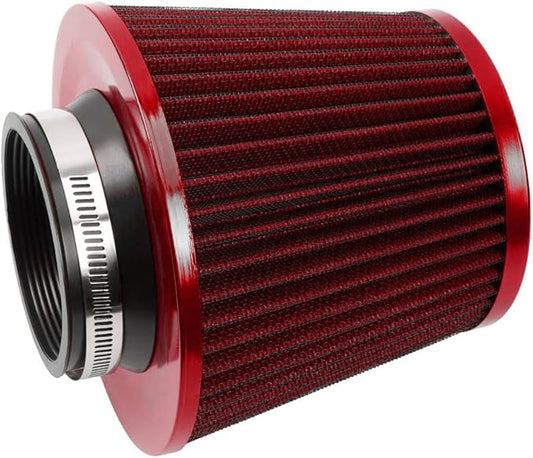 muge racing 3-inch Cold Air Intake Filter 76mm, High Performance Clamp-On Engine Intake Air Filter, Washable Reusable & Universal Round Tapered Replacement Air Filter, Red