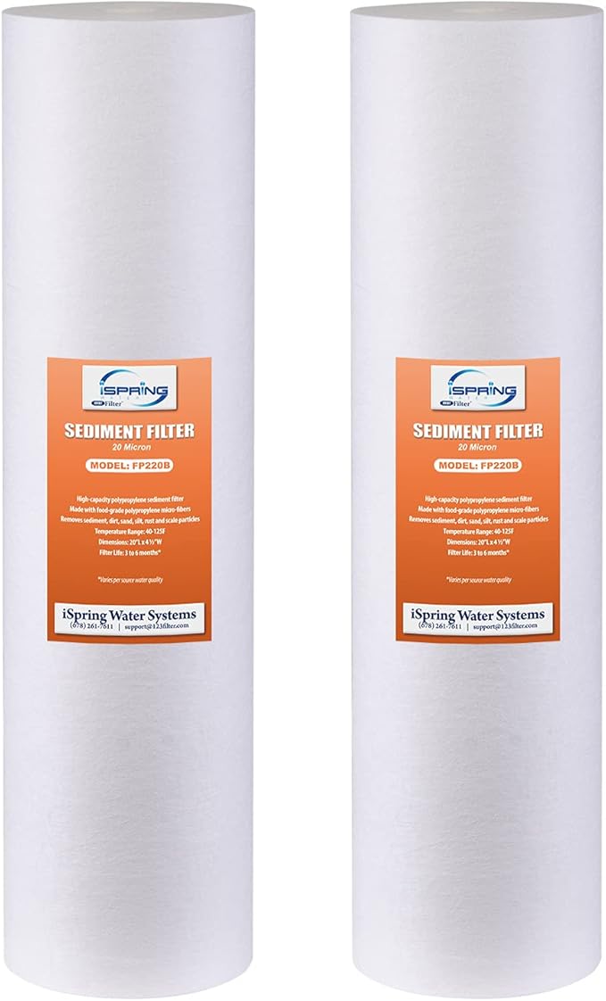 iSpring FP220BX2 High Capacity x 4.5” Water Replacement Cartridges Sediment Filter, 20 Micron, 2 Count (Pack of 1), White